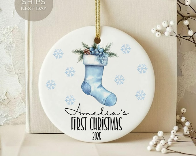 Personalized Baby's First Christmas Ornament, Stocking Snowflake Ornament, Holiday Decor 2024, Custom Name Keepsake