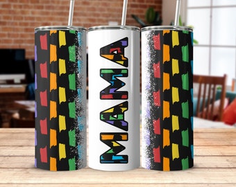 Rainbow Stripes Mama Colorful Pride Black Pattern 20oz Skinny Tumbler Wrap Sublimation Design, Straight and Tapered Wrap, Gift for Mothers