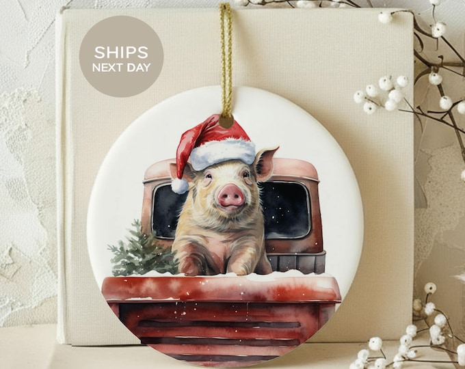 Pig Christmas Ornament, Cute Farm Animal Red Truck Ceramic Holiday Decor, Rustic Farmhouse Tree Bauble Gift for Country Pig Lover