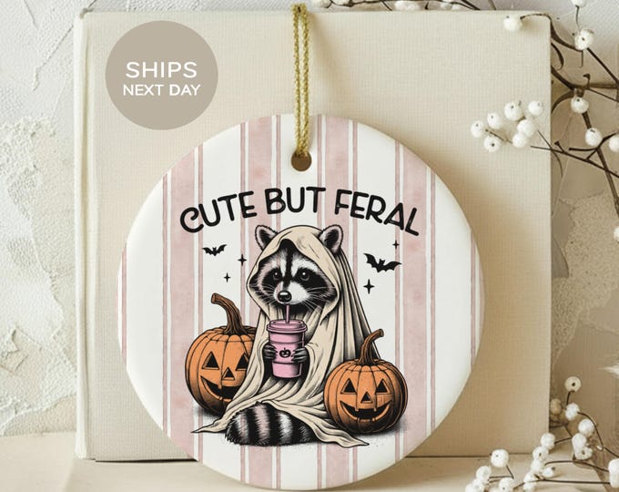 Cute But Feral Ornament, Ghost Raccoon Halloween Ornament, Spooky Trash Panda Iced Coffee Lover Gift, Funny Autumn Jack O Lantern Decor