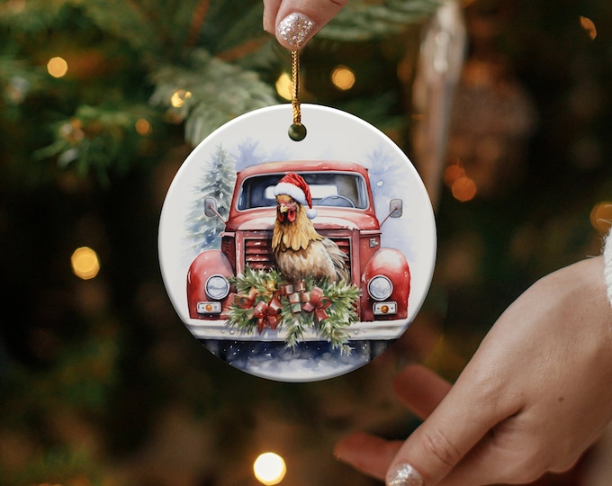 Christmas Ornament Festive Christmas Chicken with Santa Hat, Keepsake Ornament Gift The Family