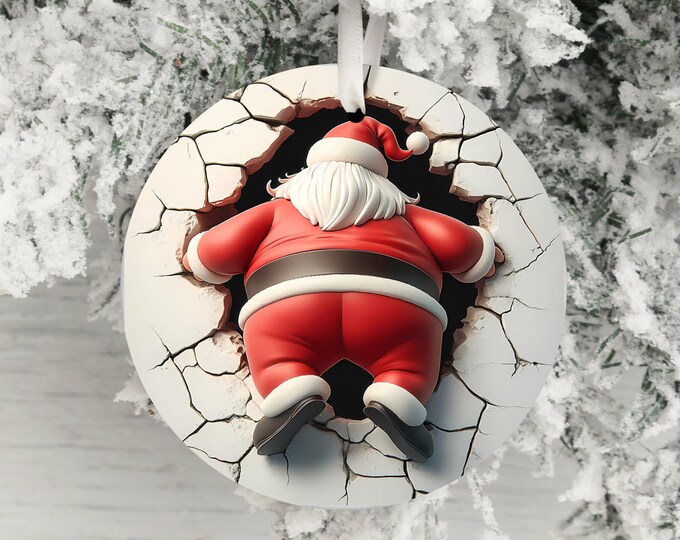 Dual-Sided Santa Claus Ornament, Funny Christmas Decor, Unique Holiday Decoration, Santa in Wall, Humorous Xmas Ornament Gift Idea