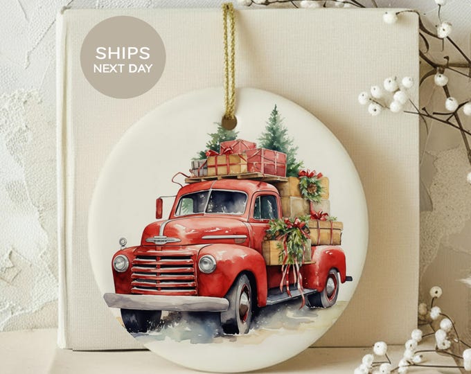 Vintage Red Truck Christmas Ornament, Rustic Farmhouse Tree Holiday Decor, Watercolor Country Xmas Ceramic Bauble Gift, Nostalgic Gift for