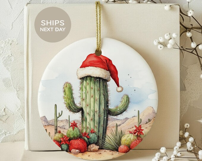 Cactus Christmas Ornament, Southwestern Santa Cactus Ceramic Tree Decor, Desert Holiday Gift for Plant Lovers, Western Boho Xmas Keepsake