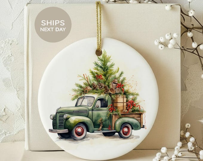 Vintage Green Truck Christmas Ornament, Rustic Farmhouse Tree Decor, Watercolor Holiday Keepsake Gift, Country Xmas Hanging Keepsake
