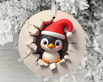 Dual-Sided 3D Effect Christmas Penguin Ornament, Cute Penguin with Santa Hat, Holiday Decor, Winter Decoration, Penguin Christmas Gift