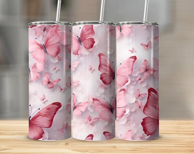 Butterfly Tumbler Design, Seamless 20 oz Skinny Tumbler Wrap, Sublimation Straight and Tapered, Pink Butterfly PNG Digital Download