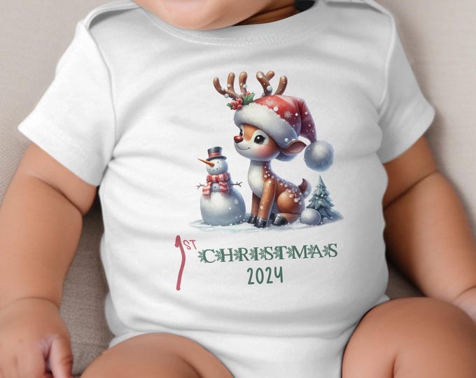Baby's First Christmas Bodysuit 2024, Custom Baby Keepsake, Personalized Xmas Bodysuit, Deer Lovers Christmas Bodysuit With Santa Hat