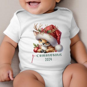 Baby&#39;s First Christmas Bodysuit 2024, Custom Baby Keepsake, Personalized Xmas Bodysuit, Deer Lovers Christmas Bodysuit With Santa Hat
