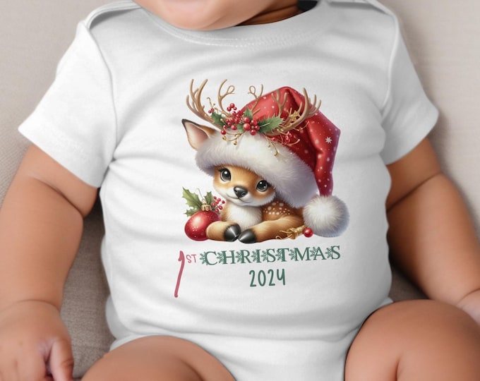 Baby's First Christmas Bodysuit 2024, Custom Baby Keepsake, Personalized Xmas Bodysuit, Deer Lovers Christmas Bodysuit With Santa Hat