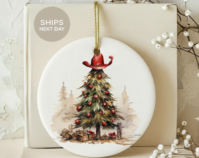 Western Christmas Tree Ornament, Rustic Cowboy Hat Holiday Decor, Country Farmhouse Ceramic Keepsake Gift for Cowgirl or Secret Santa