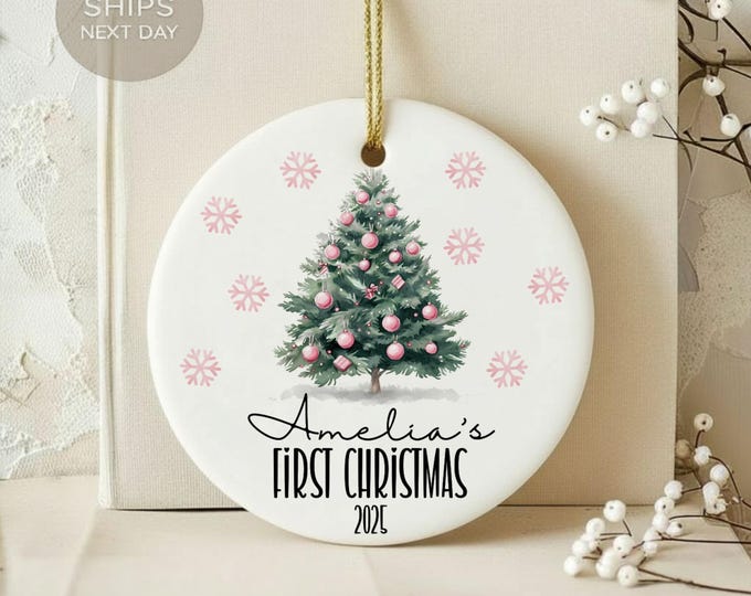Personalized First Christmas Ornament, Baby's First Christmas 2024 Ornament, Pink Snowflake Christmas Tree Ornament