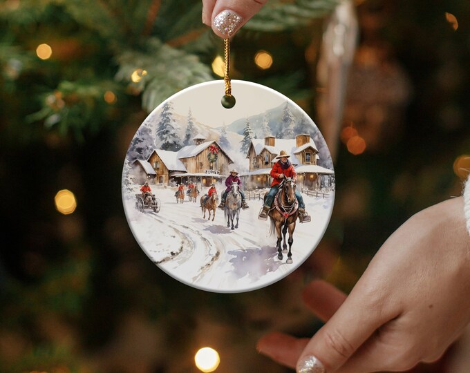 Christmas Ornament Winter Holiday Village Horseback Riding Scene, Keepsake Ornament Gift The Family