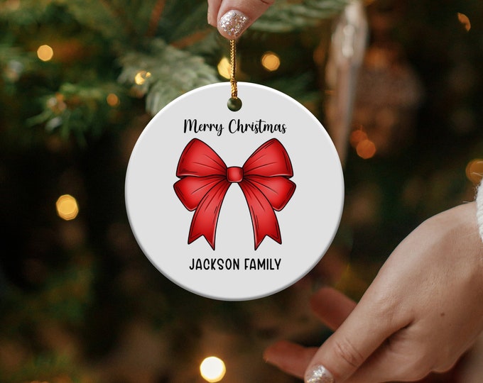 Custom Family Christmas Ornament with Coquette Red Bow Personalized Holiday Tree Decoration Family Name Keepsake