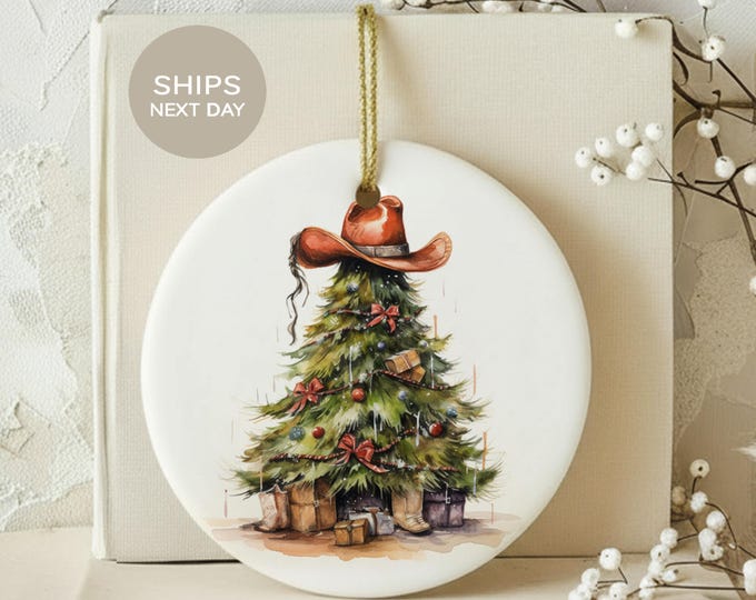 Western Christmas Tree Ornament, Cowboy Hat Holiday Ceramic Decor, Country Farmhouse Tree Tag, Rustic Southern Christmas Gift for Cowgirl