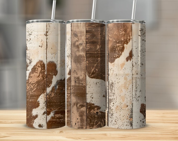 Rustic Western Cowhide Wood Plank Design Tumbler Wrap, Faux Cowhide Tumbler Sublimation, 20oz Skinny Tumbler Digital Download