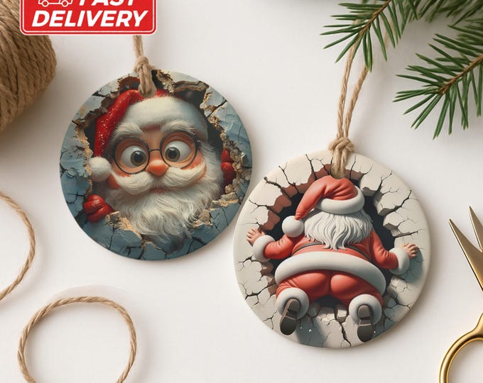 Dual-Sided 3D Style Santa Claus Ornament, Funny Christmas Decor, Unique Holiday Decoration, Santa in Wall, Humorous Xmas Ornament Gift Idea