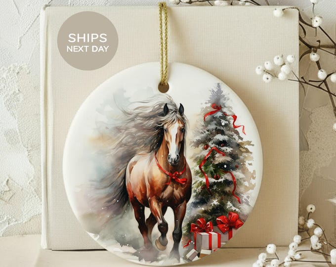 Horse Christmas Ornament, Watercolor Equestrian Holiday Tree Decor, Rustic Farmhouse Horse Lover Gift, Ceramic Winter Barn Keepsake