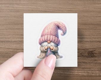 Cute Knitting Gnome Sticker, Funny Pink Hat Gnome Decal, Adorable Gnome Knitting Sticker, My Funny Stickers, Cute Gnome Decor