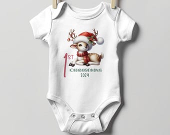 Baby's First Christmas Bodysuit 2024, Custom Baby Keepsake, Personalized Xmas Bodysuit, Deer Lovers Christmas Bodysuit With Santa Hat