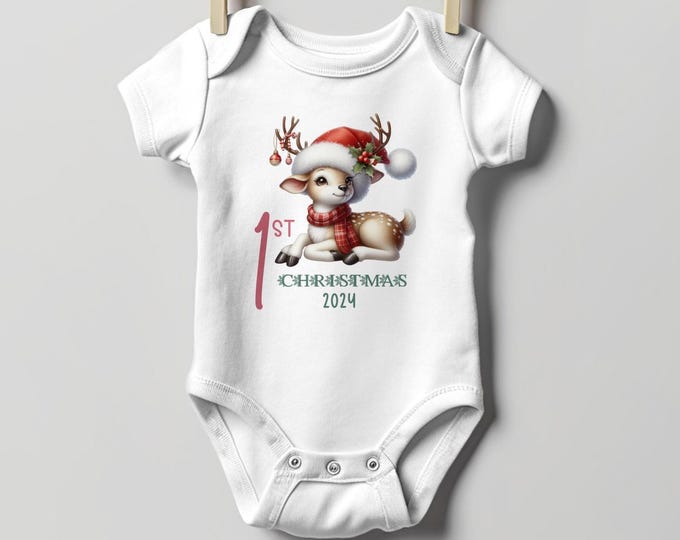 Baby's First Christmas Bodysuit 2024, Custom Baby Keepsake, Personalized Xmas Bodysuit, Deer Lovers Christmas Bodysuit With Santa Hat