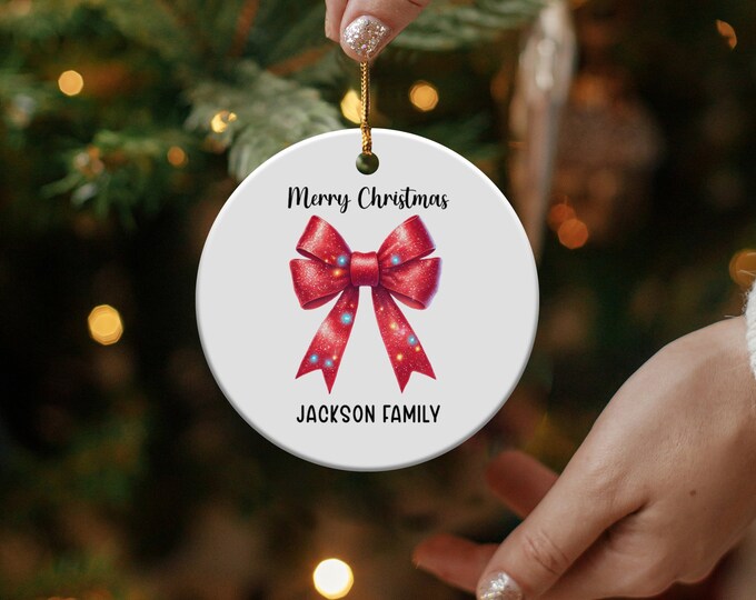 Red Christmas Lights Coquette Bow Ornament Personalized Family Christmas Ornament, Custom Family Name Ornament Family Keepsake Xmas Gift