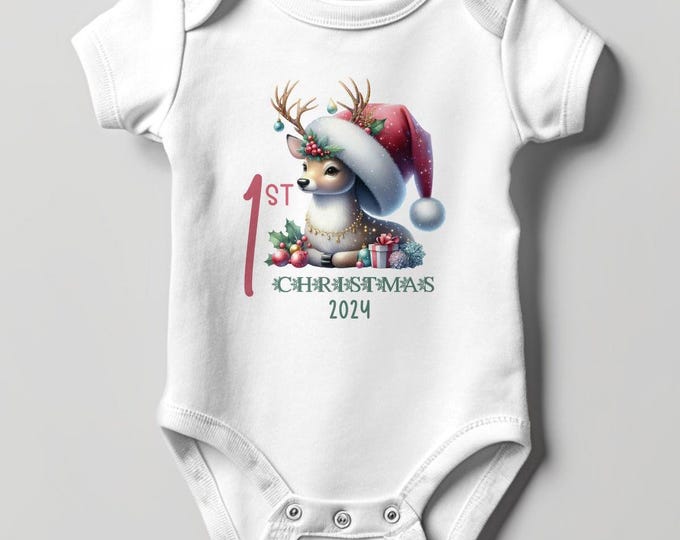 Baby's First Christmas Bodysuit 2024, Custom Baby Keepsake, Personalized Xmas Bodysuit, Deer Lovers Christmas Bodysuit With Santa Hat