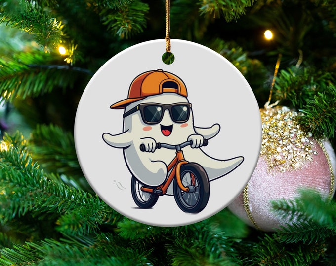 Cute Ghost on Bike Ornament, Halloween Decor for Home, Fun Ghost Biker Figurine, Whimsical Halloween Gift, Trendy Home Accent