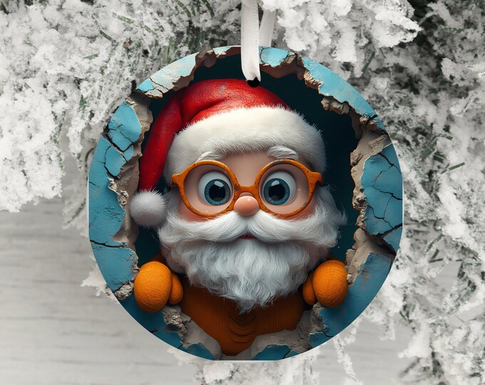 Dual-Sided 3d Style Santa Claus Ornament, Funny Christmas Decor, Unique Holiday Decoration, Santa in Wall, Humorous Xmas Ornament Gift Idea