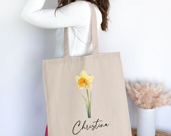 Custom Birth Month Flower Tote Bag, Personalized Floral Tote, Cute Name Tote Bag, Eco-Friendly Shopper, Flower Tote Bag, Gift for Her