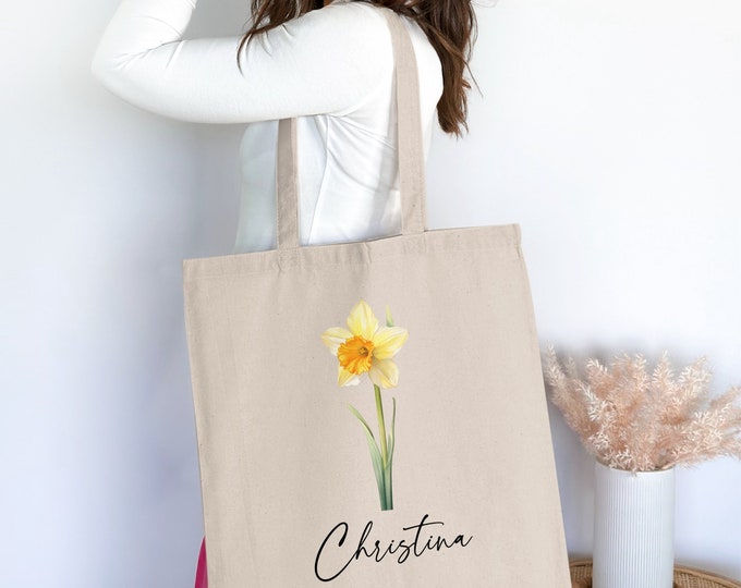 Custom Birth Month Flower Tote Bag, Personalized Floral Tote, Cute Name Tote Bag, Eco-Friendly Shopper, Flower Tote Bag, Gift for Her