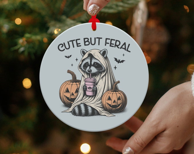 Cute But Feral Halloween Ornament | Ghost Raccoon with Pumpkins and Halloween Drink | Funny Spooky Decor | Cute Raccoon Christmas Gift