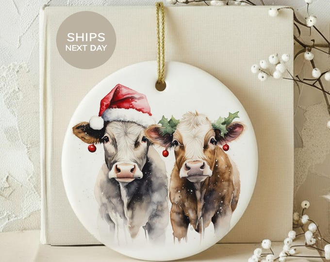 Christmas Cow Ornament, Rustic Farmhouse Ceramic Holiday Decor, Cute Watercolor Cattle with Santa Hat, Farm Animal Lover Christmas Gift