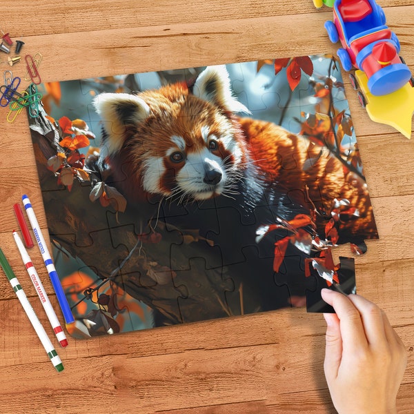 Red Panda in Autumn Leaves Horizontal Jigsaw Puzzle 30, 110, 252, 520, 1014 Pieces, Wildlife Photography Animal Lovers Gift