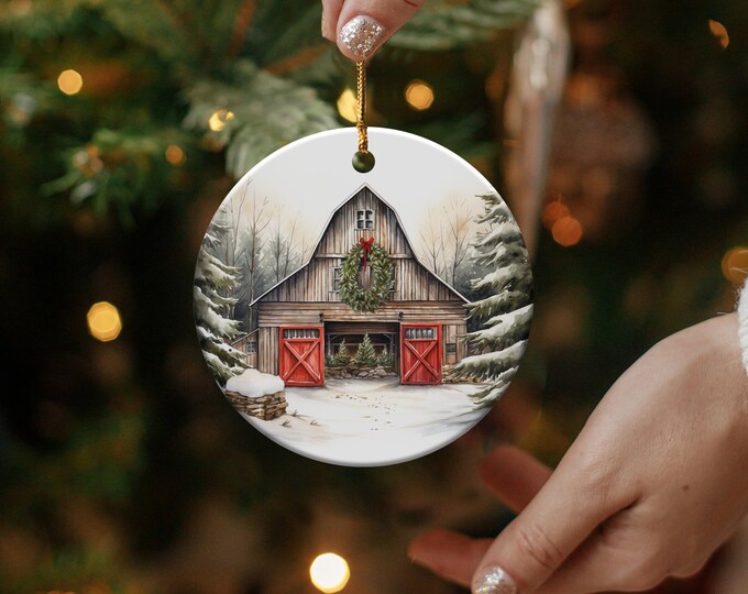 Christmas Ornament Festive Barn with Wreath and Red Doors, Keepsake Ornament Gift The Family