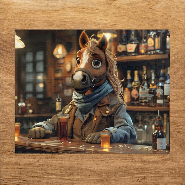 Cute Horse Bartender Puzzles 110, 252, 520 Pieces, Whimsical Horse at Bar Fantasy Jigsaw Puzzle, Unique Gift Idea