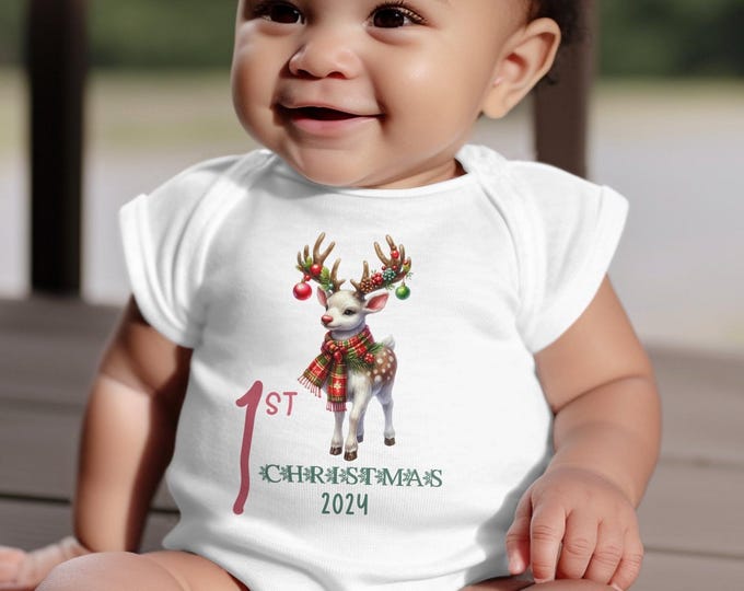 Baby's First Christmas Bodysuit 2024, Custom Baby Keepsake, Personalized Xmas Bodysuit, Deer Lovers Christmas Bodysuit With Santa Hat