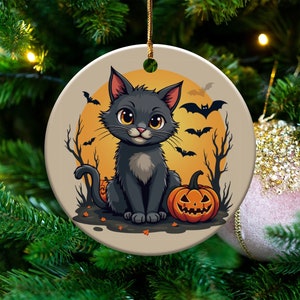 ハロウィン猫のオーナメント、カボチャとかわいい黒猫、秋の室内装飾、不気味なホリデーデコレーション、魔女の猫好きへのギフト