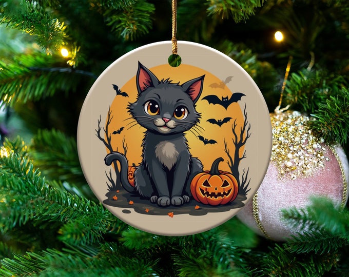 Halloween Cat Ornament, Cute Black Cat with Pumpkins, Fall Home Decor, Spooky Holiday Decoration, Witchy Cat Lover Gift