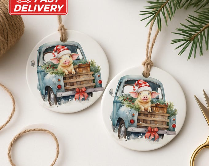 Christmas ornament With Pig in the truck: Santa Hat Pig Ceramic Ornament