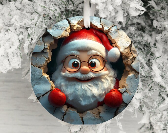 Dual-Sided 3d Style Santa Claus Ornament, Funny Christmas Decor, Unique Holiday Decoration, Santa in Wall, Humorous Xmas Ornament Gift Idea