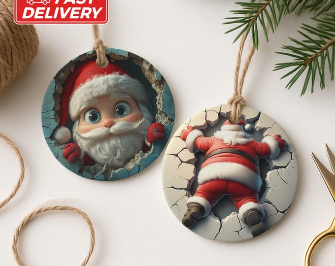 Santa Ornament, Funny Ornament, Crashing Santa, Dual Sided Ornament, Christmas Ornament, Holiday Ornament, Unique Ornament, Festive Ornament