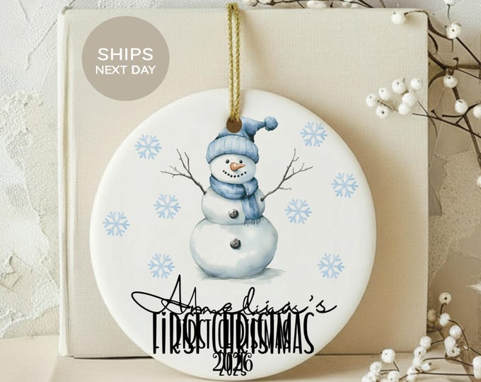 Babys First Christmas Ornament, Personalized Snowman Keepsake, Custom Name Ceramic Xmas Decor, Cute Winter Holiday Gift for New Parents
