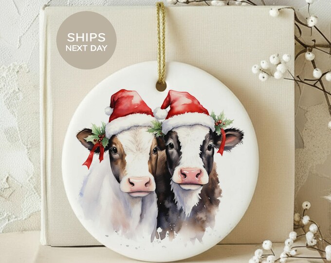 Cute Cow Christmas Ornament, Rustic Farmhouse Ceramic Holiday Decor, Santa Hat Farm Animal Tree Decoration, Gift for Cow Lover