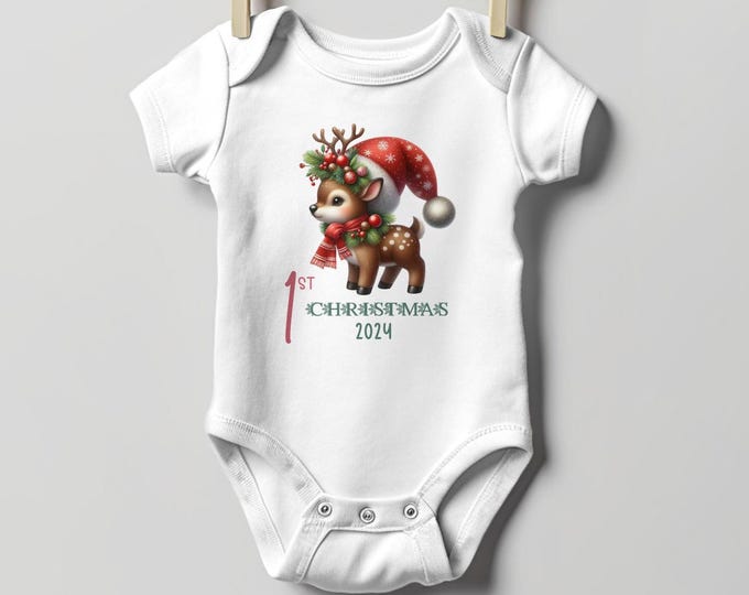Baby's First Christmas Bodysuit 2024, Custom Baby Keepsake, Personalized Xmas Bodysuit, Deer Lovers Christmas Bodysuit With Santa Hat