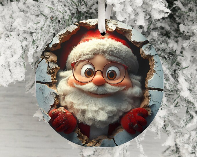 Dual-Sided 3D Effect Santa Claus Ornament, Funny Christmas Decor, Unique Holiday Decoration, Santa in Wall, Humorous Xmas Ornament Gift Idea