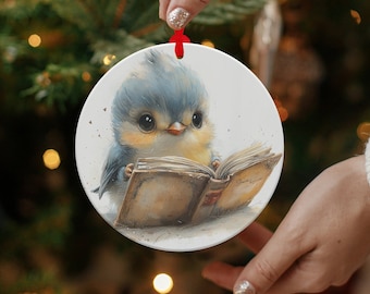 Adorable Bluebird Reading a Book Illustration Ornaments, Christmas Ornament Gift For Son & Daughter, Animal lovers Gift For The Family