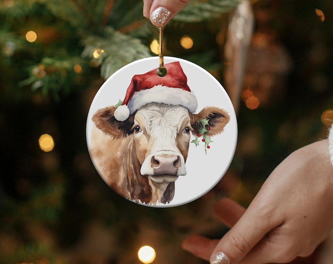 Christmas Ornament Festive Cow with Santa Hat Christmas, Keepsake Ornament Gift The Family