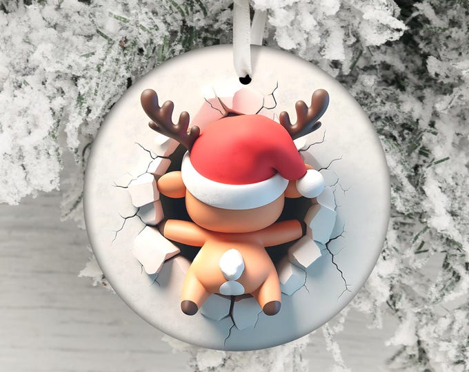Dual-Sided 3D Effect Cute Reindeer Christmas Ornament Santa Hat Adorable Holiday Decoration Festive Deer Christmas Tree Hanging Ornament
