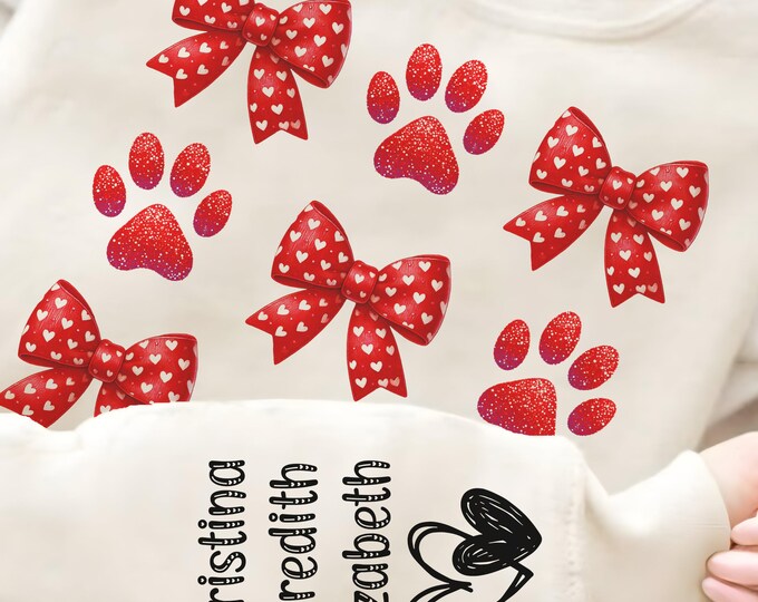 Cute Valentines Day Coquette Sweatshirt, Personalized Heart Bow Paw Print, Custom Name Sleeve Print, Valentines Gift, Love Themed Apparel